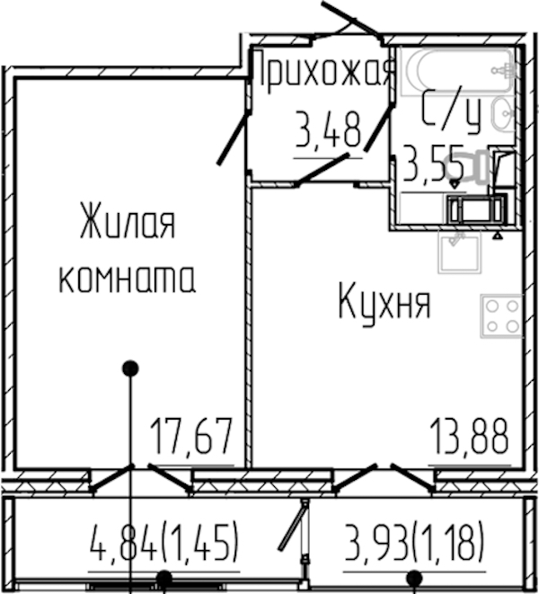 1-комнатная квартира 41.21 м², 5/8 эт., ЖК «SERTOLOVO PARK»
